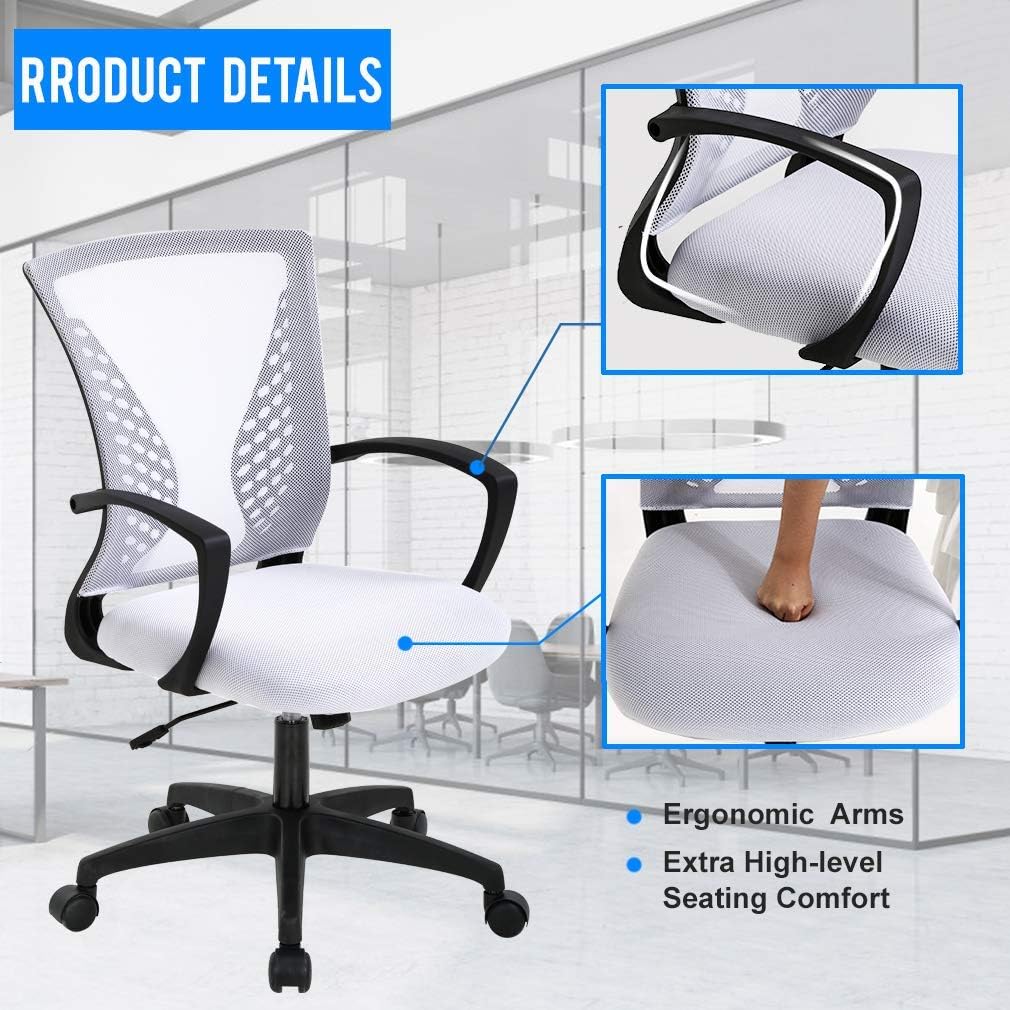 HHS Ergonomic Mesh Computer Desk Chair - Swivel Rolling Executive Chair with Lumbar Support, Adjustable for Adults, White, Orange