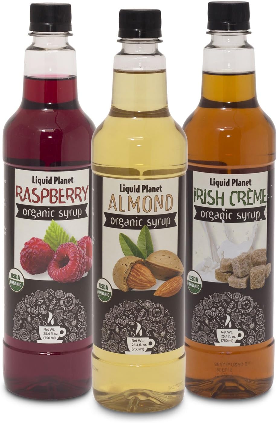 Organic Coffee Syrup 3 Pack- Raspberry, Almond, Irish Creme 76.2 fluid ounces, HFCS Free, by Liquid Planet