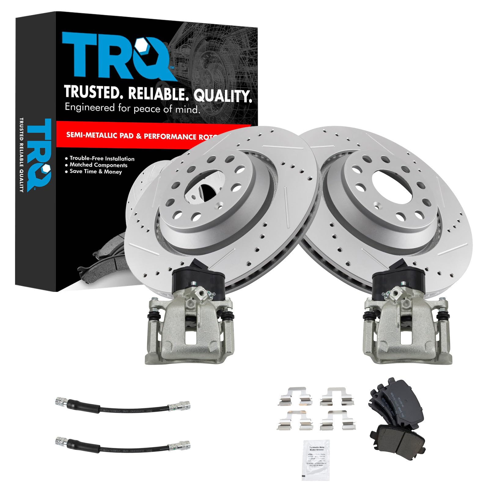 TRQ Performance Rear Brake Pad and Rotor Set Semi Metallic Slotted Drilled G Coated Rotors Calipers Compatible with 2010 2016 Volkswagen CC 2010 Passat