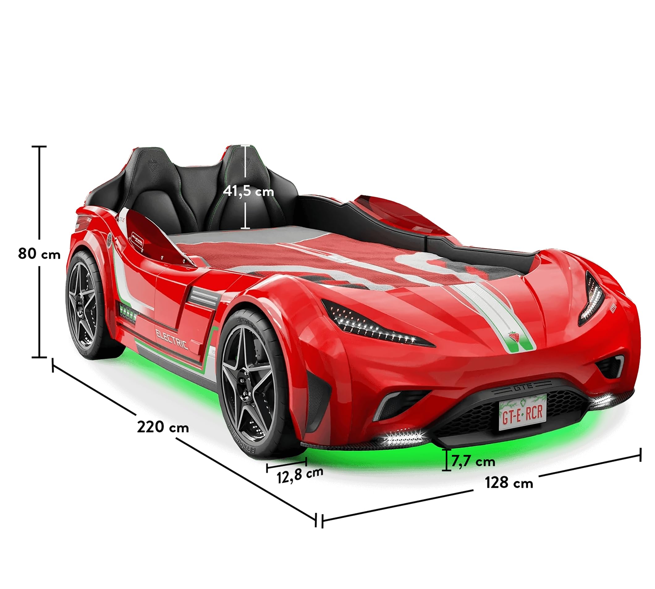 Generico Cama de coche GTE para niños roja con luces LED, asientos deportivos, ruedas realistas y sonido clave – Cama coche eléctrico deportivo 127 x 220 cm