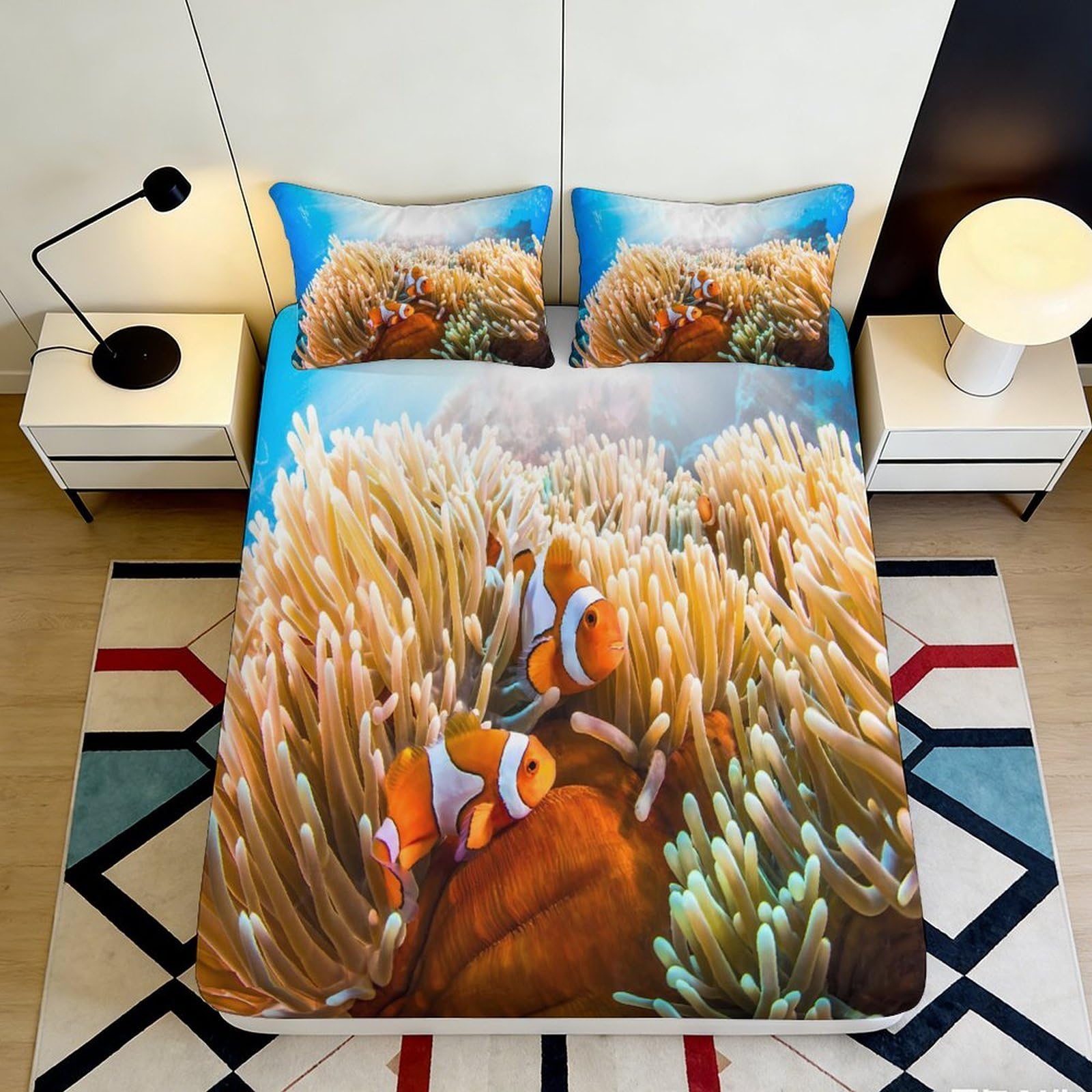 3D Printed Clownfish Coral Reef Fitted Sheet Microfiber Anti-Slip Mattress Cover Machine Washable Bedroom Decor 120x200x25cm