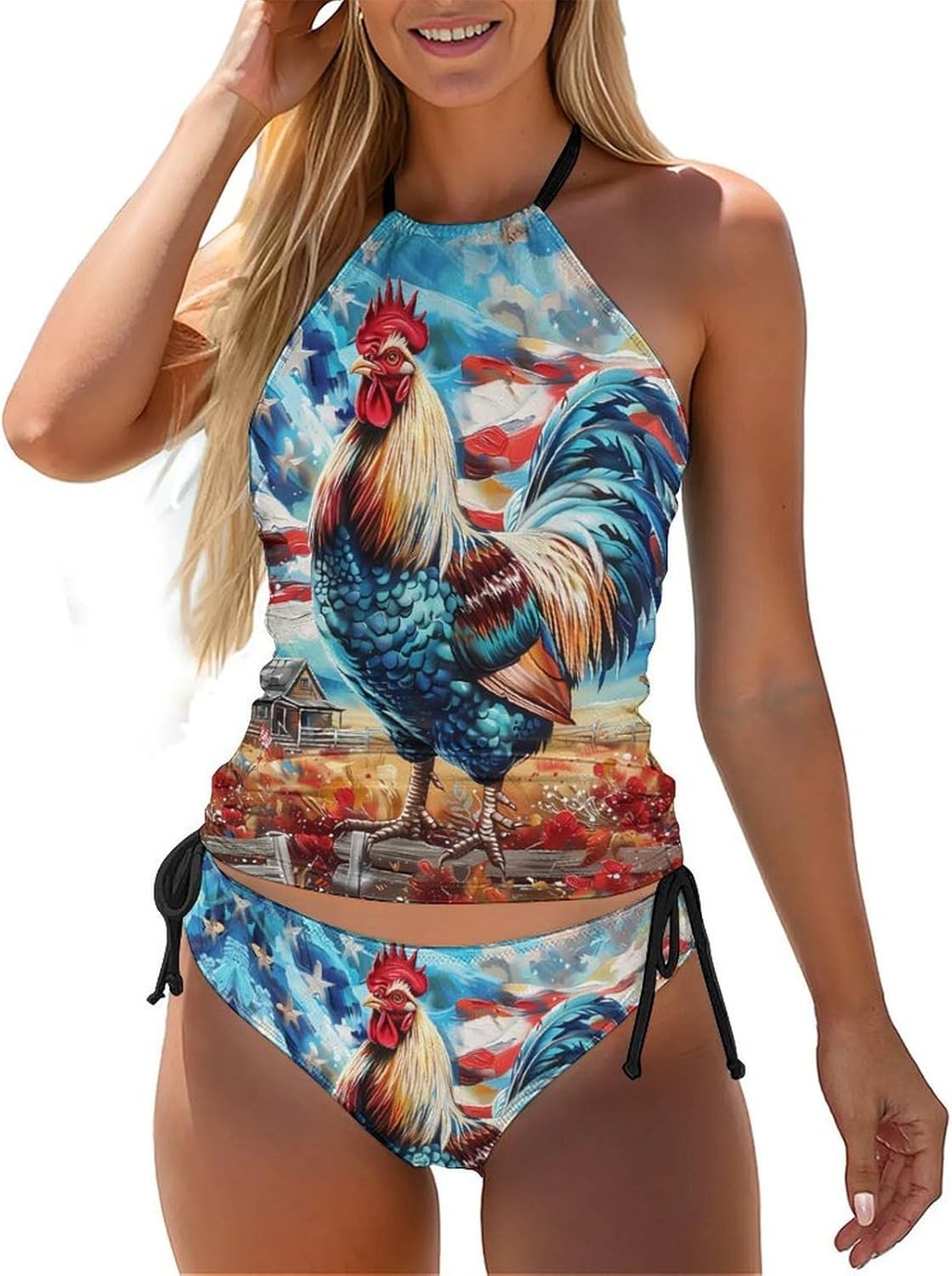 Colorful Rooster U.S. Flag Women's Tankini Swimsuit Two Piece Tummy Control Bathing Suits Tie String Swimwear