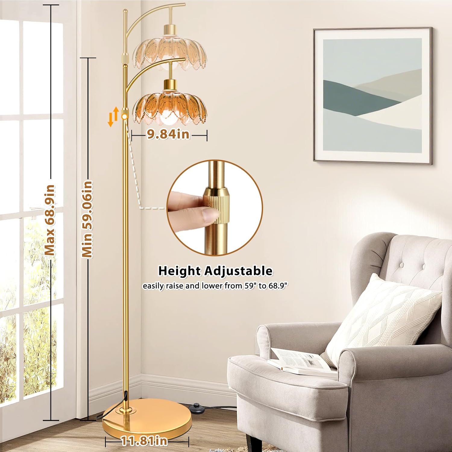 Arc Floor Lamp with Remote: Dimmable LED Gold Floor Lamps for Living Room Bedroom Office, Vintage Flower Adjustable Tall Reading Lamps Floor Standing for Housewarming Gifts