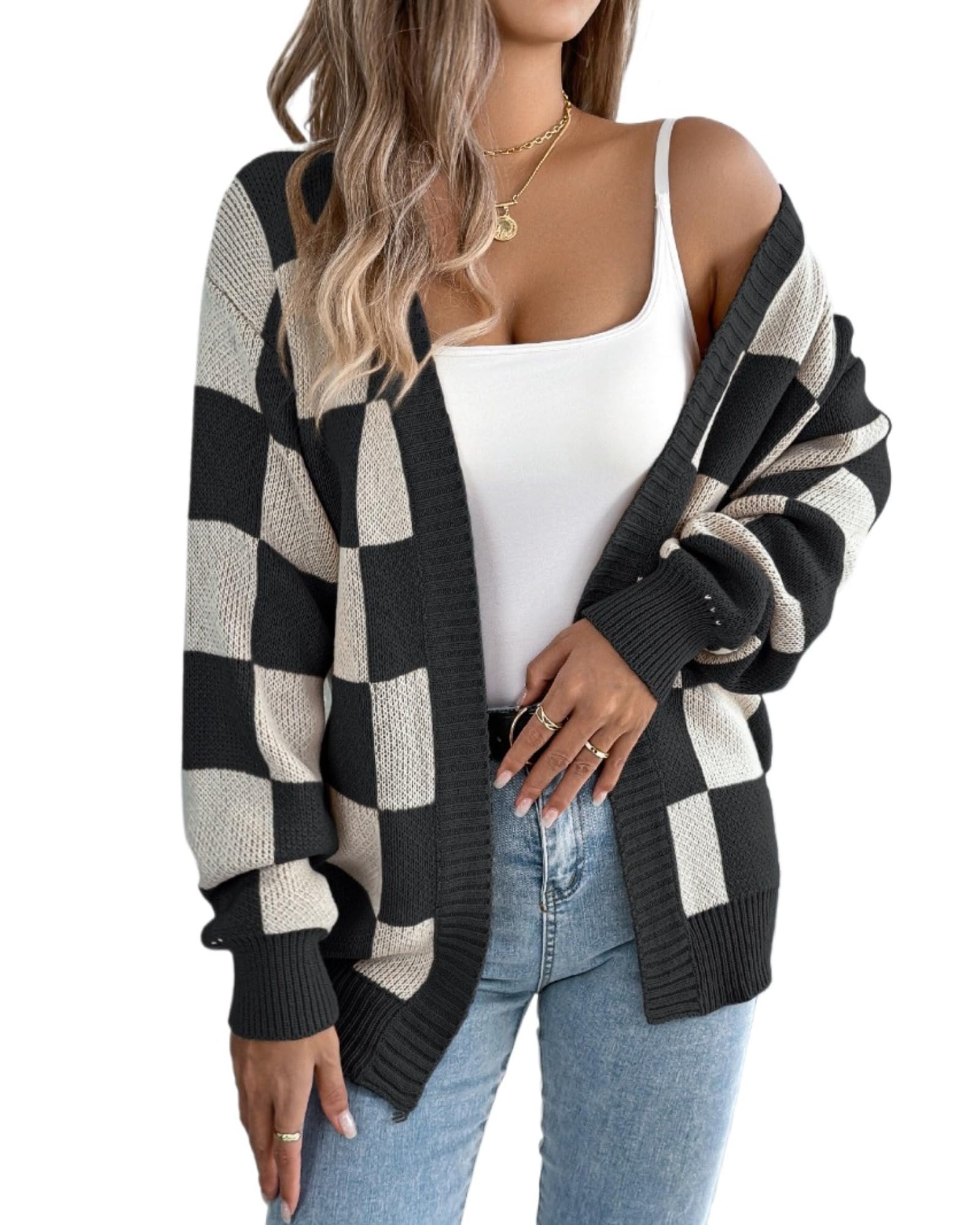 Womens Chunky Cardigan Sweater 2026 Fall Winter Open Front Color Block Checkered Long Sleeve Knit Coat Y2k Clothes