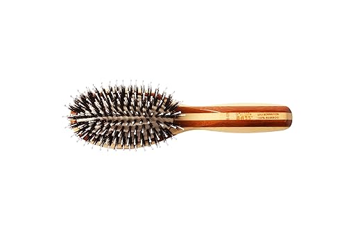 Vista 2 de Shine & Condition - Cepillo para el cabello, cerdas 100% naturales + pasador de nailon, mango de bambú puro, ovalado pequeño, acabado a rayas