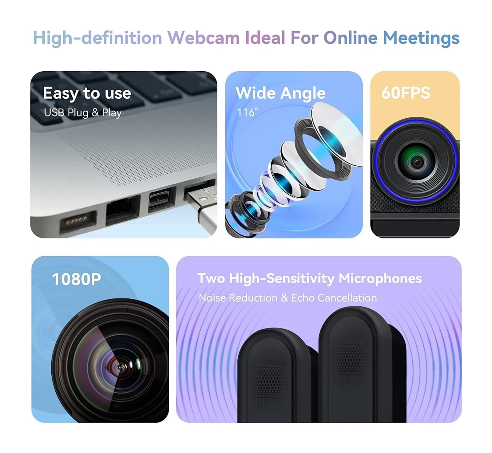 Webcam for PC HD1080P 60FPS Tutto in Uno con microfoni e Altoparlante Webcam grandangolare 108° for conferenze, Streaming Live, Registrazione