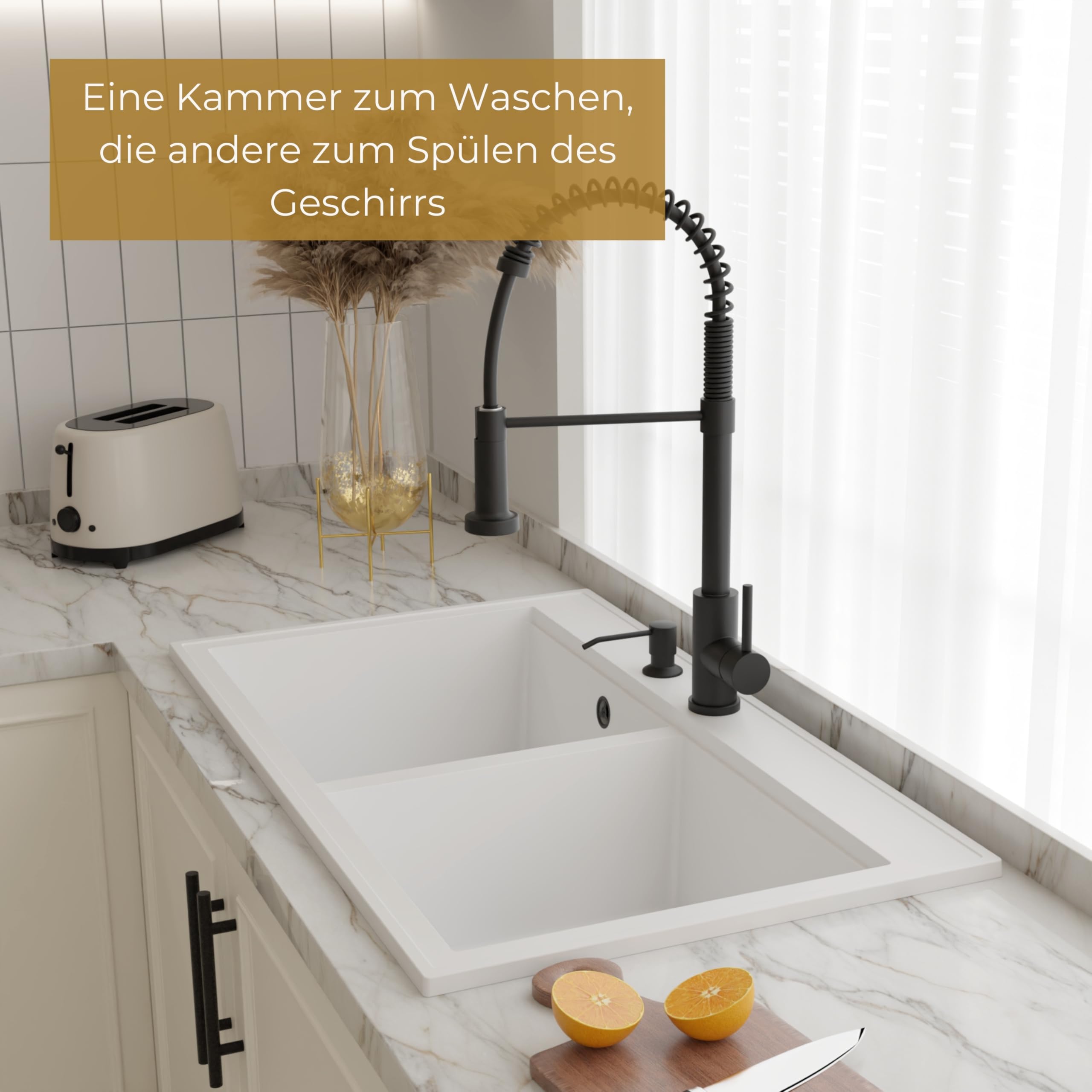 SINK QUALITY podwójny zlew szary z armaturą, zlewozmywak granitowy podwójny 86 x 50 cm, podwójny zlew z syfonem i substancją impregnującą, 2 umywalki zlewozmywak kuchenny od szafki pod umywalkę 85