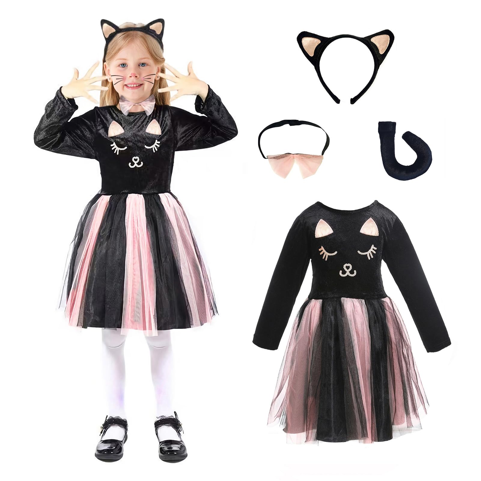 Wbesty Halloween Disfraz de Gato Negro para Niñas con Tutú Rosa, Diadema y Cola de Orejas de Gato, Collar con Lazo