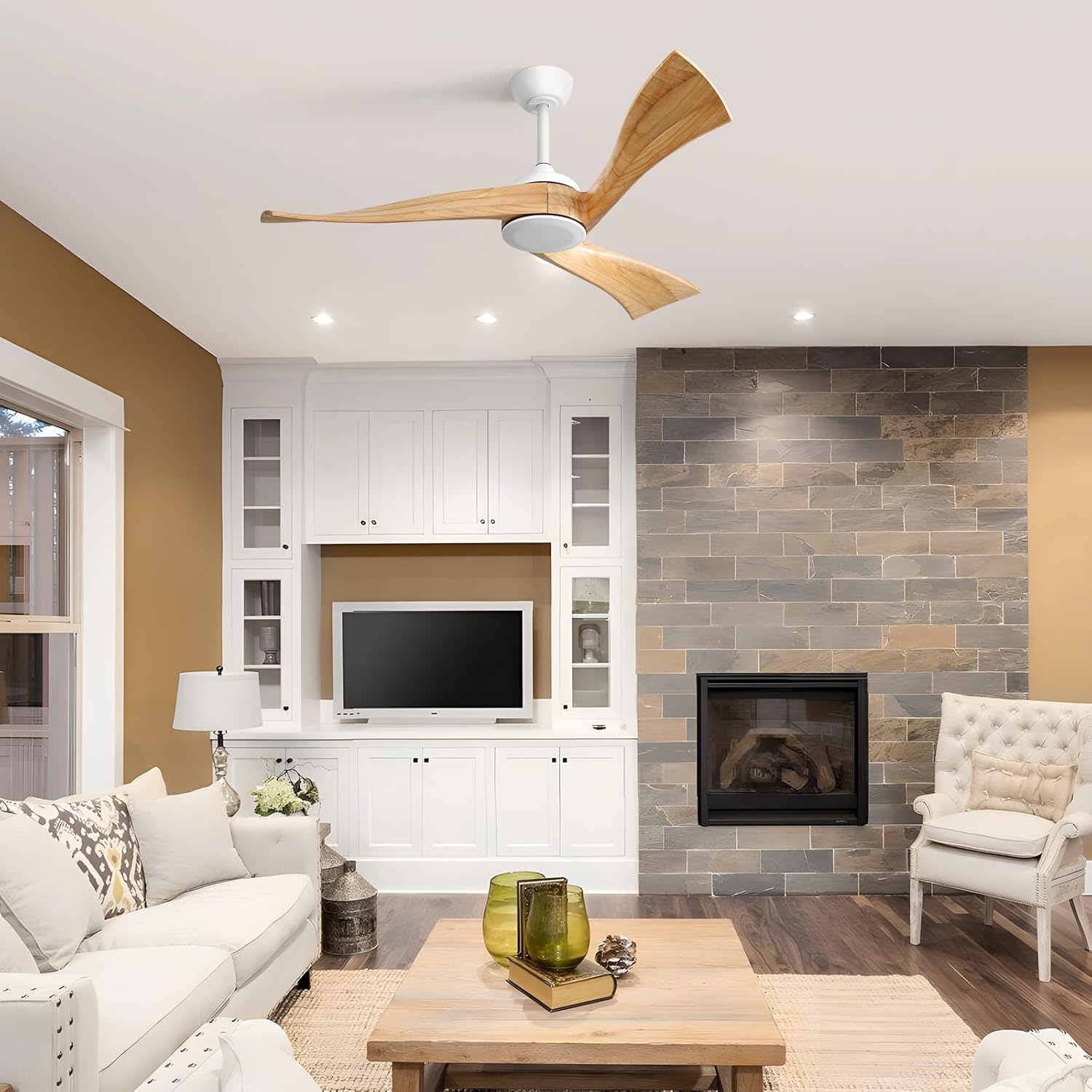 Sofucor Ceiling Fan No Light, 52 Inch Modern Ceiling Fans Without Lights, Remote Control, Reversible DC Motor, 6 Speed, Indoor/Outdoor Solid Wood Ceiling Fans for Bedroom Patio Porch