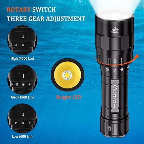 Miniatura 2 de Luz submarina D10 de 4500 lúmenes, 3 modos de luz de buceo, linterna de buceo, linterna de buceo, linterna impermeable recargable, luces de buceo de