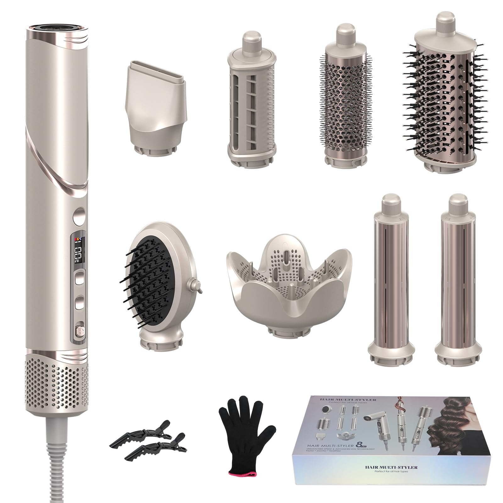 Asciugacapelli 8 in 1, multihairstyler AirStyler, 1600 W, con motore da 110.000 giri/min, con pettine ad aria, ferro arricciacapelli (sinistra e destra), diffusore, bocchetta d'aria (champagne)