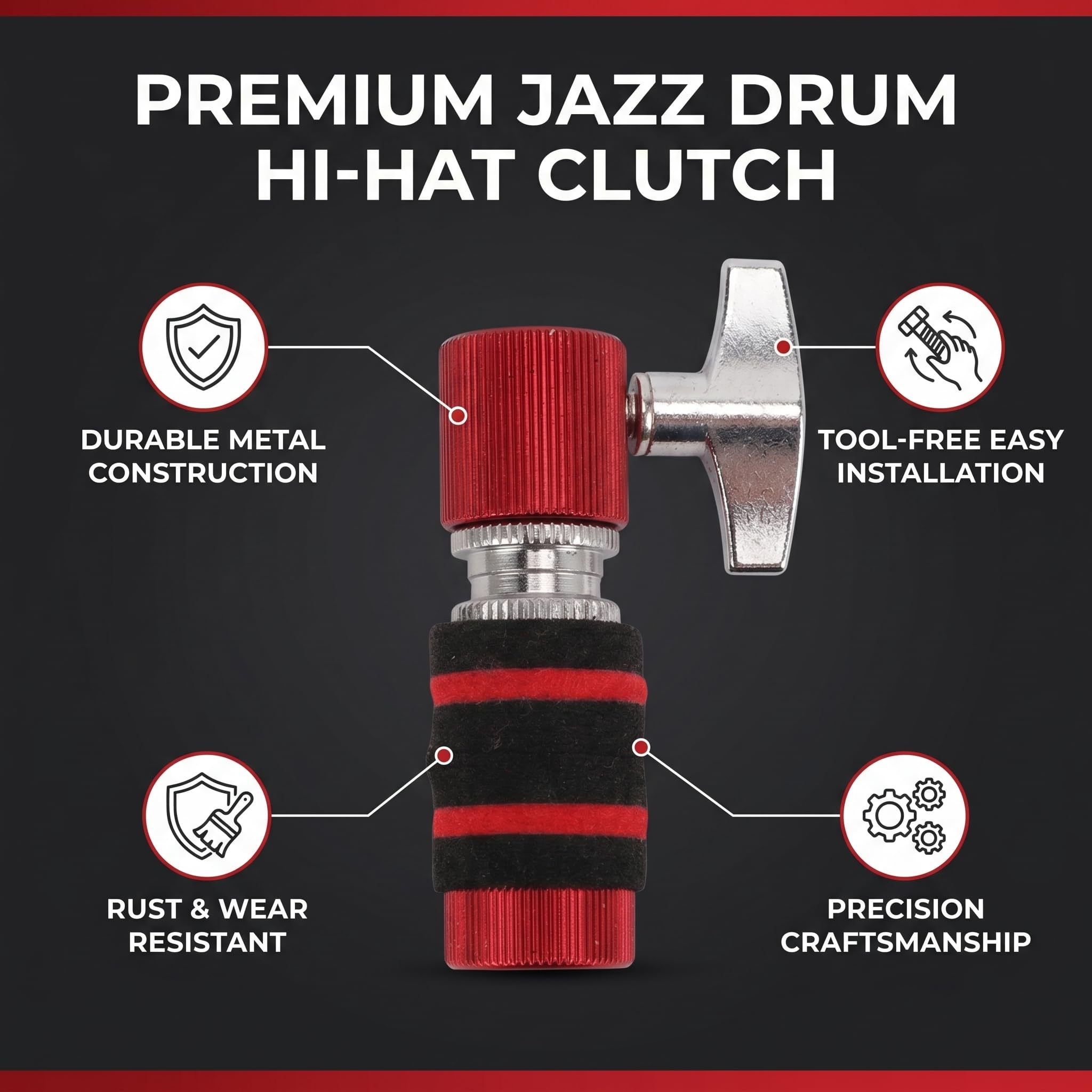 Frizione per Charleston, Frizione per Tamburo Jazz Resistente All'usura Supporto per Charleston in Metallo Supporto per Piatti Standard per Batteria Jazz Accessori per Parti di Batteria(Rosso