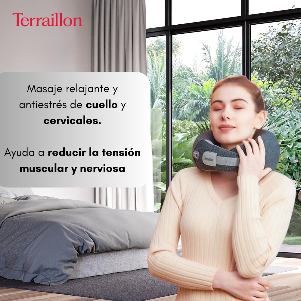 TERRAILLON – NECK MASSAGER, Cojín masaje cuello y cervical, relajante, reducción de tensiones, antiestrés, 3 velocidades de masaje, 2 direcciones de rotación, opción calefactora, correa ajustable,