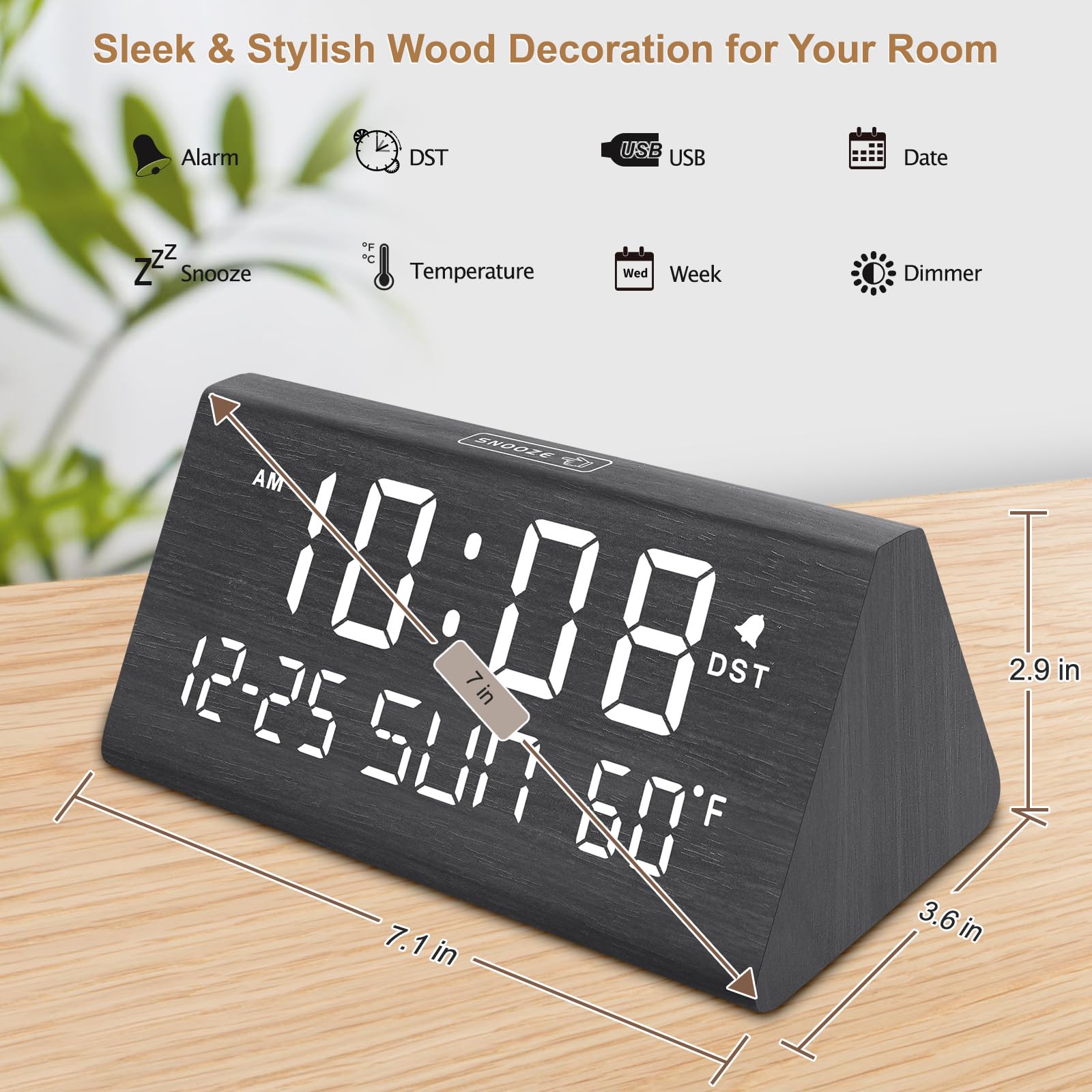 DreamSky Cyfrowy budzik do sypialni, drewniany zegar komputerowy z datą, dzień roboczy, przyłącze USB, temperatura ściemniania, stolik nocny, do salonu