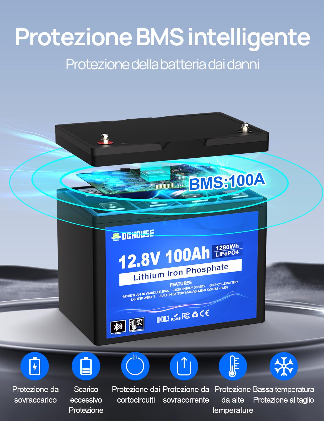 DCHOUSE Batteria Litio 12V 100AH Bluetooth con Protezione 100A BMS e a Bassa Temperatura, Batteria Lifepo4 per motori elettrici, Caravan, Campeggio, Sistemi solare