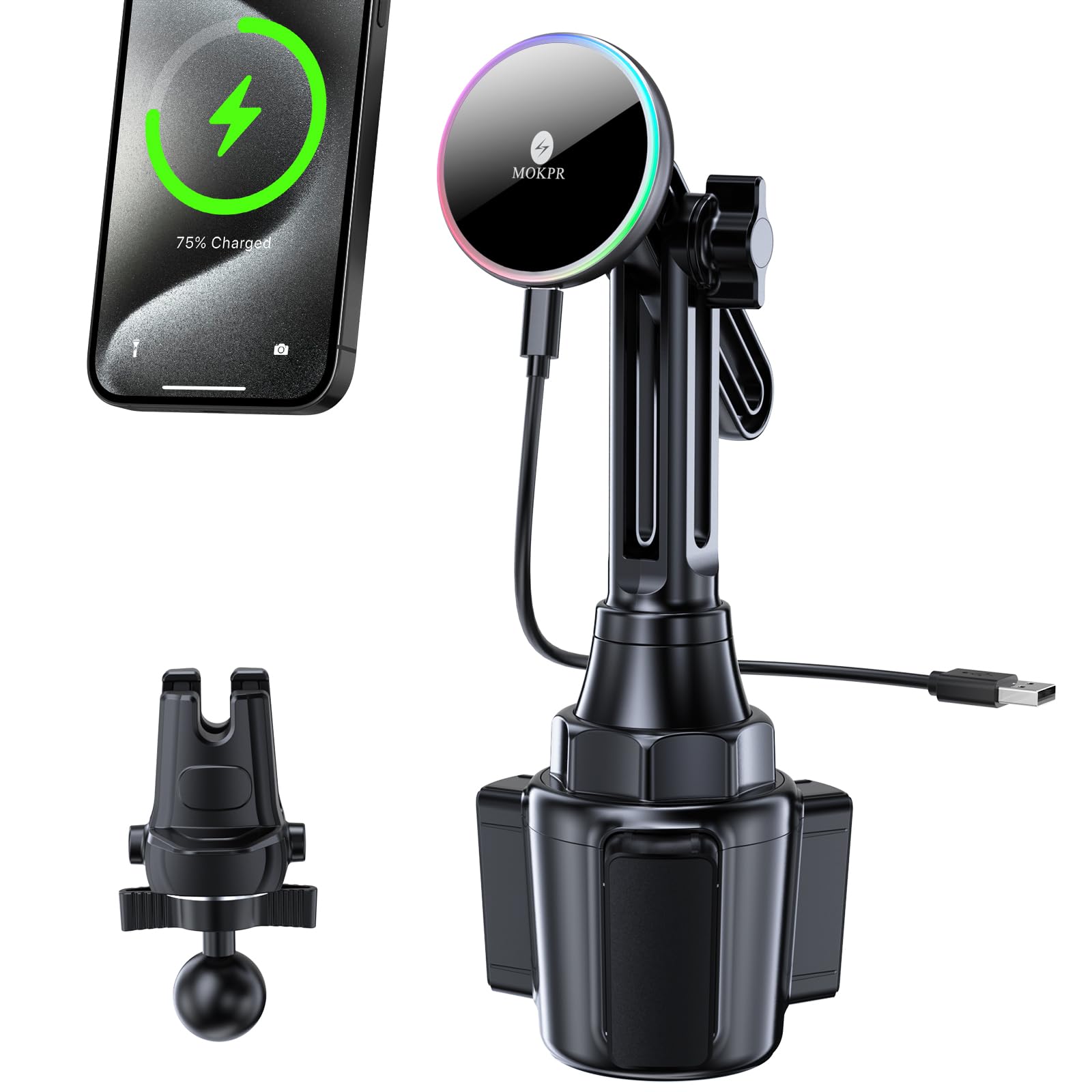 MOKPR for Magnetic Car Mount Charger- Wireless Car Charger Magnetic Cup Holder Air Vent Phone Mount-Colorful LED HandsFree Magnet Car Charger for iPhone 16 15/14/13/12 Series