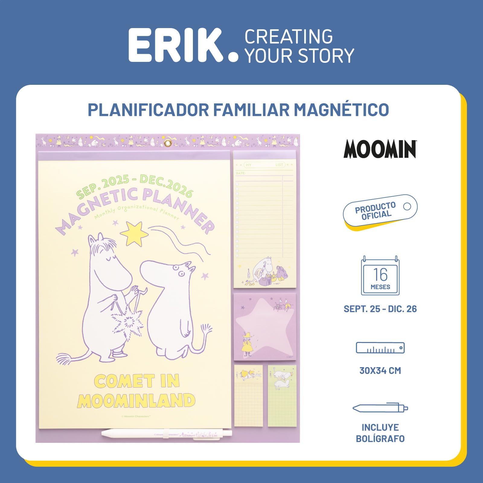 Calendario Magnetico Nevera 2026 Moomin - Calendario Familiar 2026 pared : Planificador mensual con Iman | Incluye Pegatinas, Notas Adhesivas y Cuelga Fácil [16 MESES]