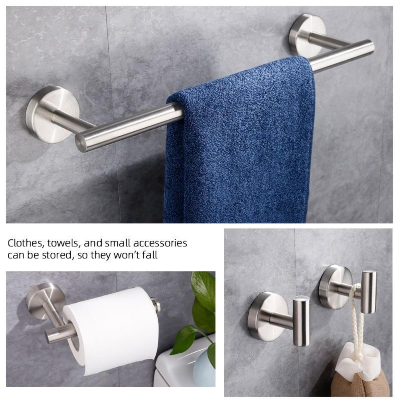 Porta Asciugamani Bagno, 5 Pezzi Set Porta Asciugamani，Acciaio Portarotolo e Gancio per Accappatoio,alloggiamenti di asciugamani per pareti di bagno montati