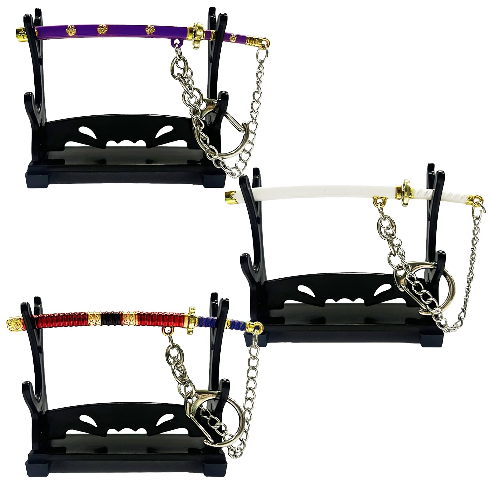 Llaveros de Anime 3 Mini Katanas (9 cm) Espadas Samuráis Legendarias - Wado Ichimonji, Sandai Kitetsu, Enma - Mercancía de Anime - Regalos y Decoración