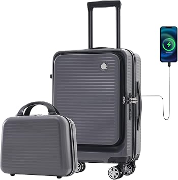 Carry-on Luggage 20 Inch Front Open Luggage Lightweight Suitcase with Front Pocket and USB Port, 1 Portable Carrying Case Gray