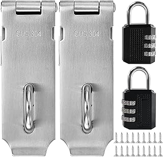 2 Pack Door Locks Hasp Latch 4Inch Stainless Steel Security Door Clasp Hasp Lock Latch with 3 Digit Padlock Combination Lock Outdoor Waterproof Safety Hasp Lock with 18Pcs Screws Brushed Finish