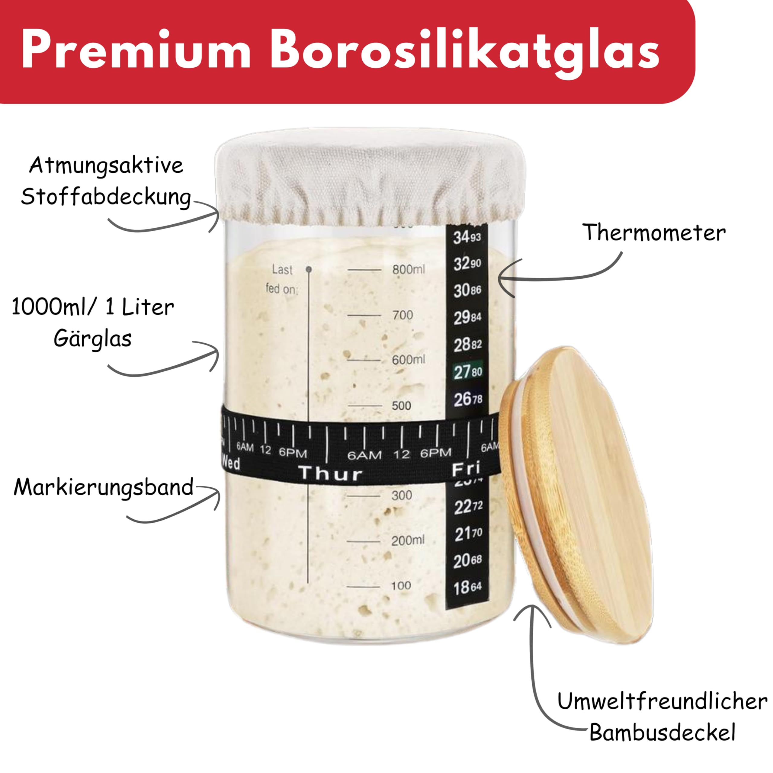 SoLuna. Sauerteig Starter Set Glas 1L/1000ml [Premium aus Borosilikat] - Sauerteig Glas Set mit Datumsband/Thermometer/Spatel/Stoffabdeckung/Deckel/Rezept - Sourdough Starter Kit (Rot, 7-teilig)