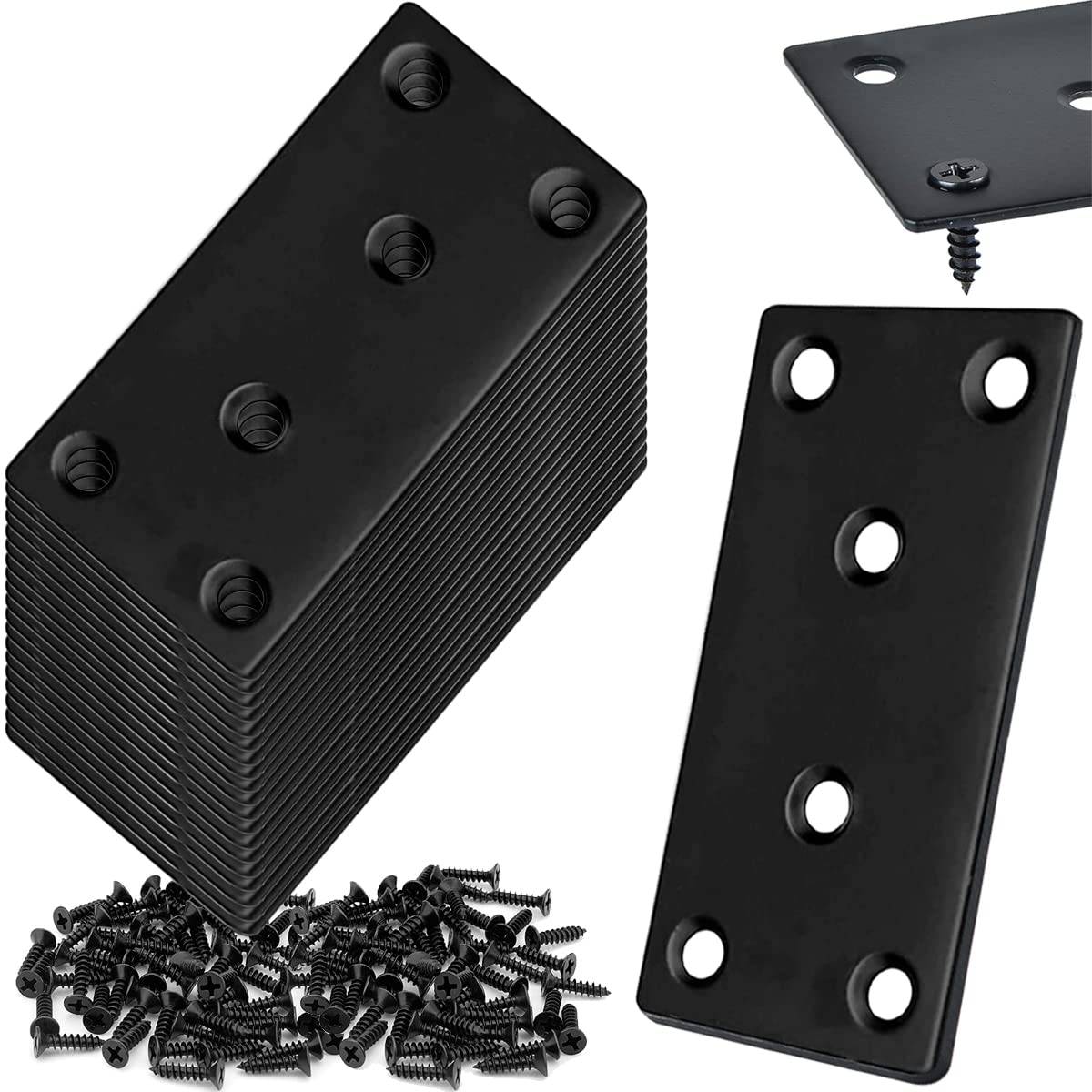 LOSYHU20Pack 4x2 Inch Black Flat Mending Plates Flat Bracket, Stainless Steel Mending Joining Plates Repair Fixing Bracket for Wood Furniture Fence