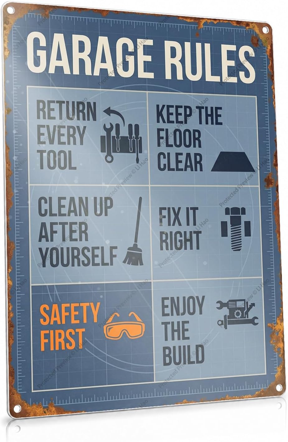 Garage Rules Return Every Tool Blueprint Grid Tools Tin Sign 8x12Inch