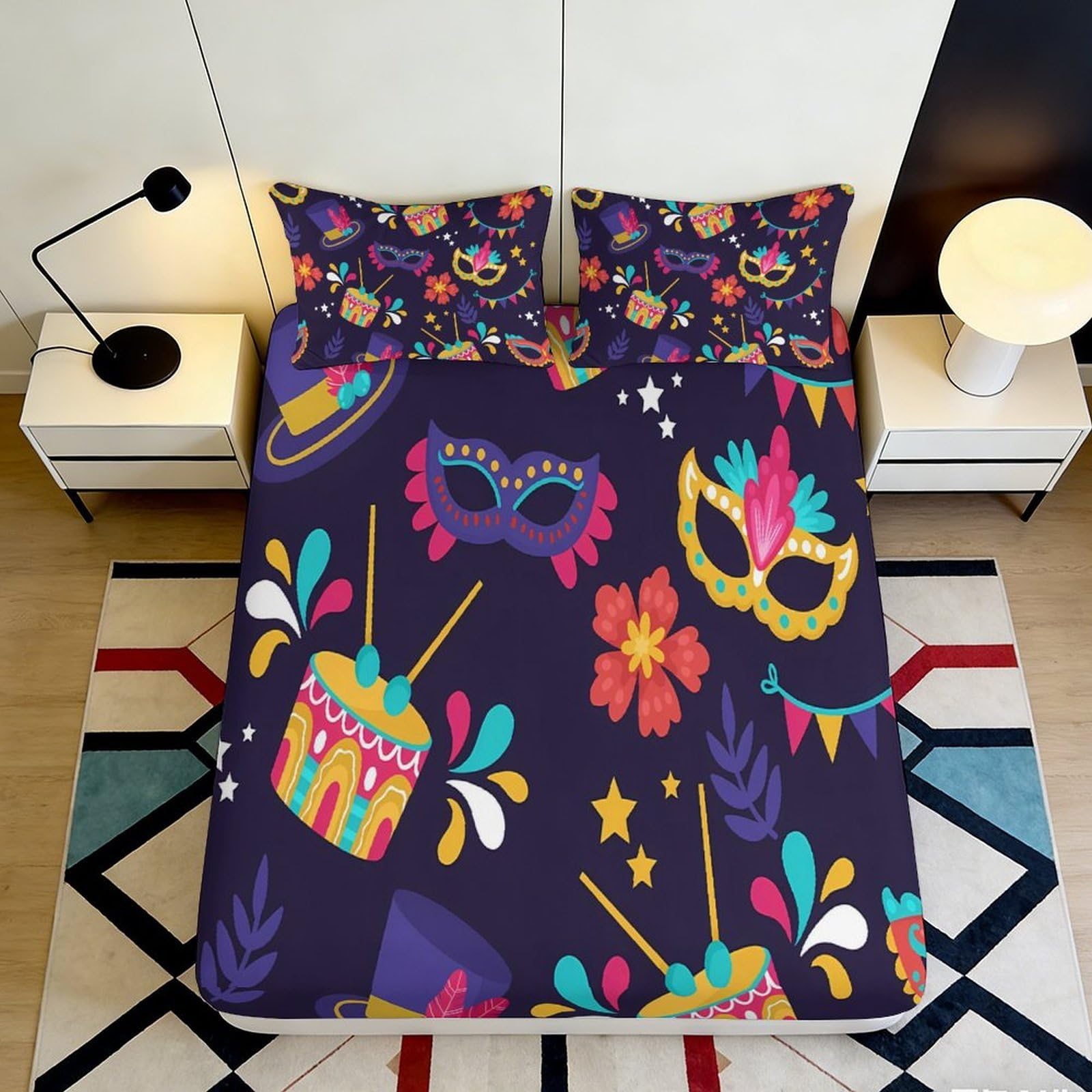 Pnayamiorkfel Style-6 3D Printed Carnival Mask Fitted Sheet Microfiber Colourful Party Bed Cover For Bedroom Guest Room Dorm Decor Easy Care 90X200x25cm