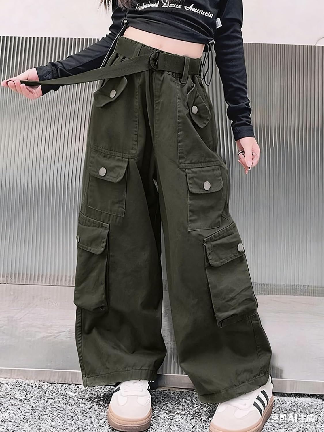 AOWKULAE Girls Loose Casual Pants Cargo Pants Waist Wide Leg Pants Kids 6-14 Years - Image 2
