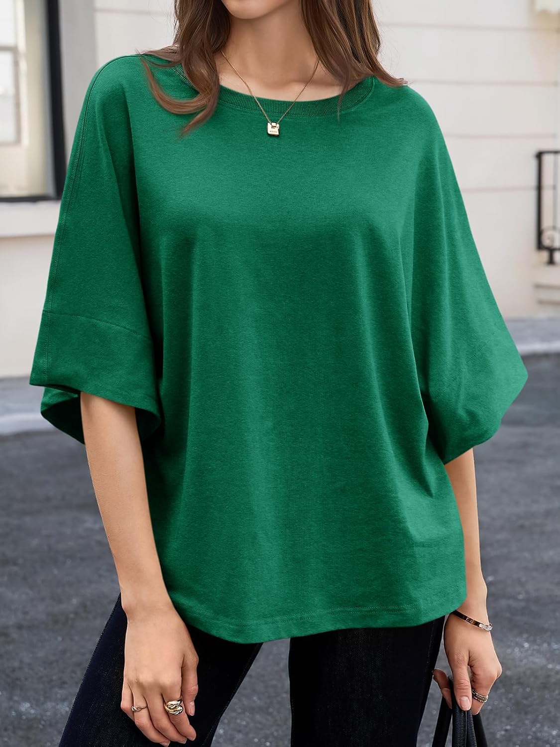Cicy Bell Womens Oversized Half Sleeve T-Shirts Summer Casual Crew Neck Tshirt Loose Fit Side Slit Tee Tops - Image 2