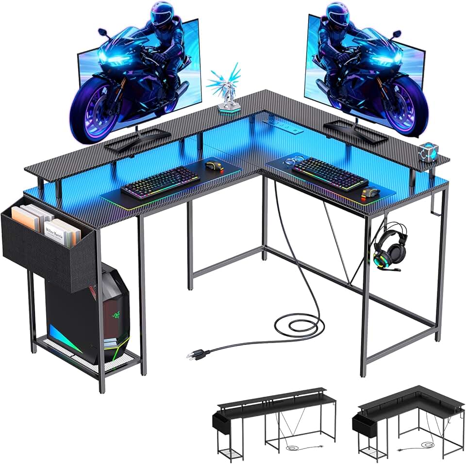 Eivanet L Shaped Gaming Desk with Power Outlets &amp; LED Lights, 53 inch Corner Computer Desk with Monitor Stand and Storage Bag, Home Office Desk Table for Bedroom, Dual Workstation, Carbon Fiber Black