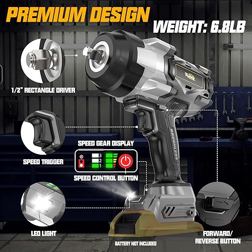 Miniatura 6 de Llave de impacto inalámbrica de 12 pulgada compatible con batería Dewalt de 20 V, 1600 pies-libras (2200 N.m), pistola de impacto de alto par