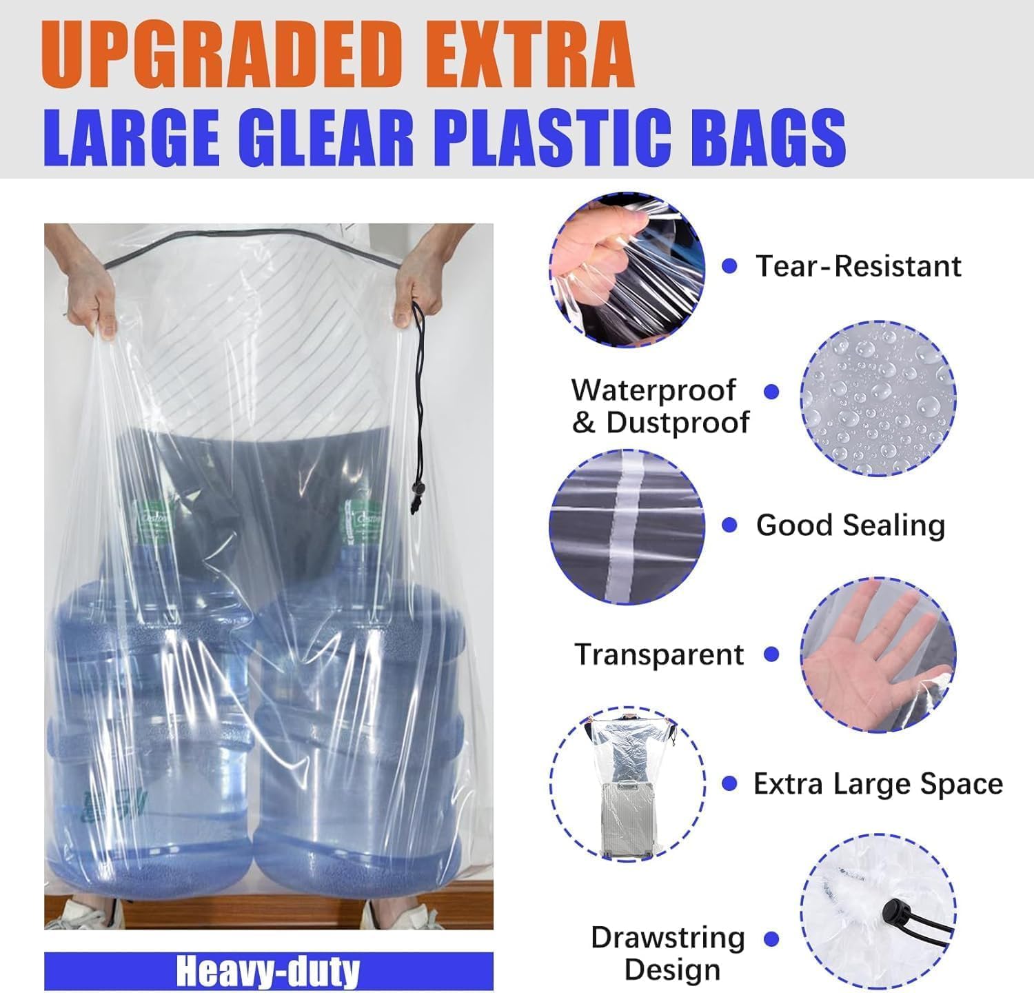 40x60 Inch Extra Large Clear Drawstring Plastic Bags 3 Pack(4 Mils), Dustproof Moistureproof Reusable Big Giant Luggage Storage Bag for Suitcase Garage Organizer, Blanket, Plush Toys