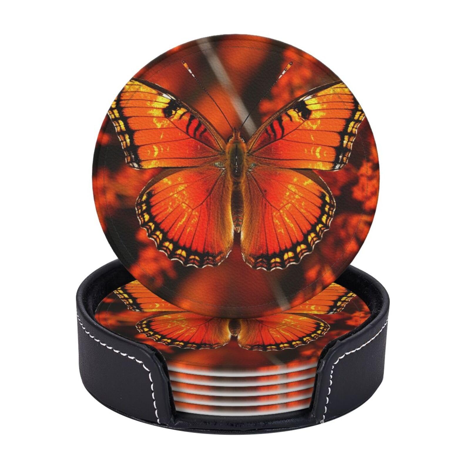 6PCS Drink Coasters with Holder, 4" Leather Coasters for Drinks, Orange Butterfly Cup Coasters for Coffee Table Decor, Non-Slip Drinking Cup Mat for Hot or Cold Drink