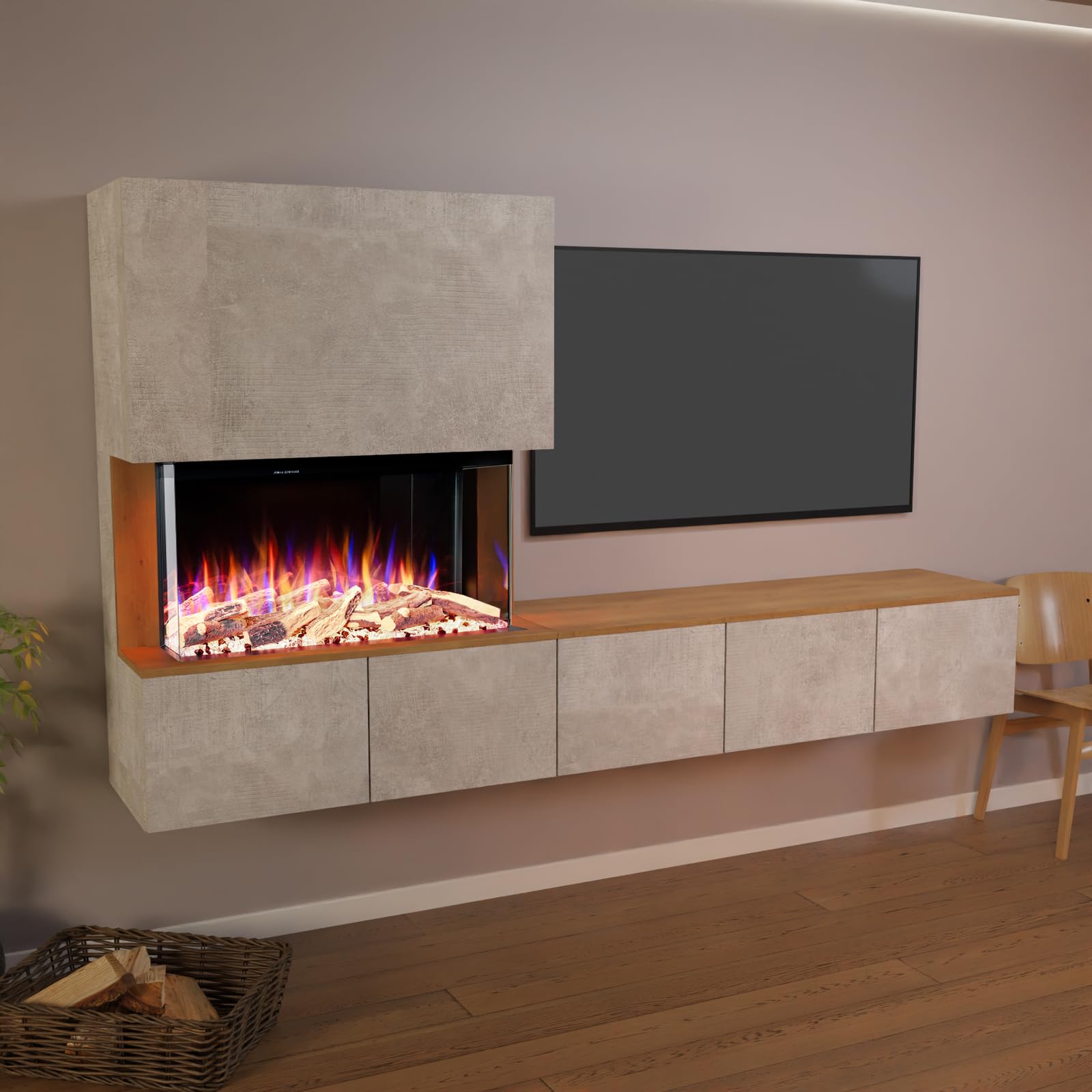 GLOW FIRE Kominek ścienny do telewizji CW5 otwarty z realistycznym ogniem LED 3D E-Motion – stojący kominek elektryczny z ogrzewaniem, kominkiem i timerem, maks. 1500 W, 250 x 139,5 x 42,4 cm, dąb