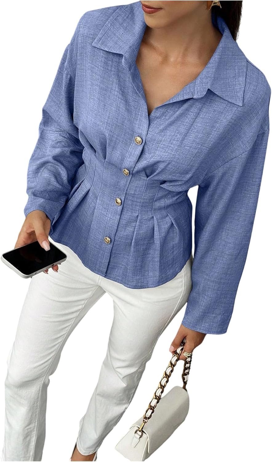 Floerns Women's Elegant Button Down Shirts Long Sleeve Tie Back Dressy Casual Blouse Tops - Image 5