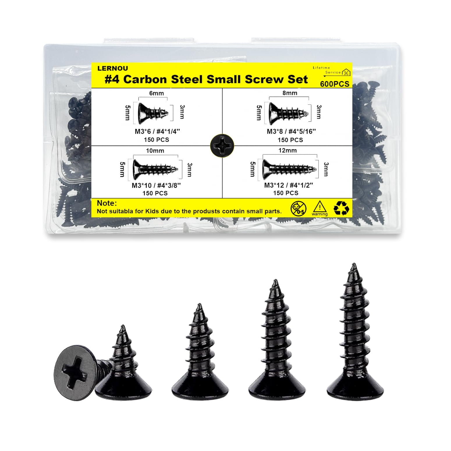 600 pcs Black Wood Screws,M3 Self Tapping Screws,Small Wood Screw Set,Suitable for Furniture, Woodworking, DIY Model Fixing(6mm,8mm,10mm,12mm) — image 1
