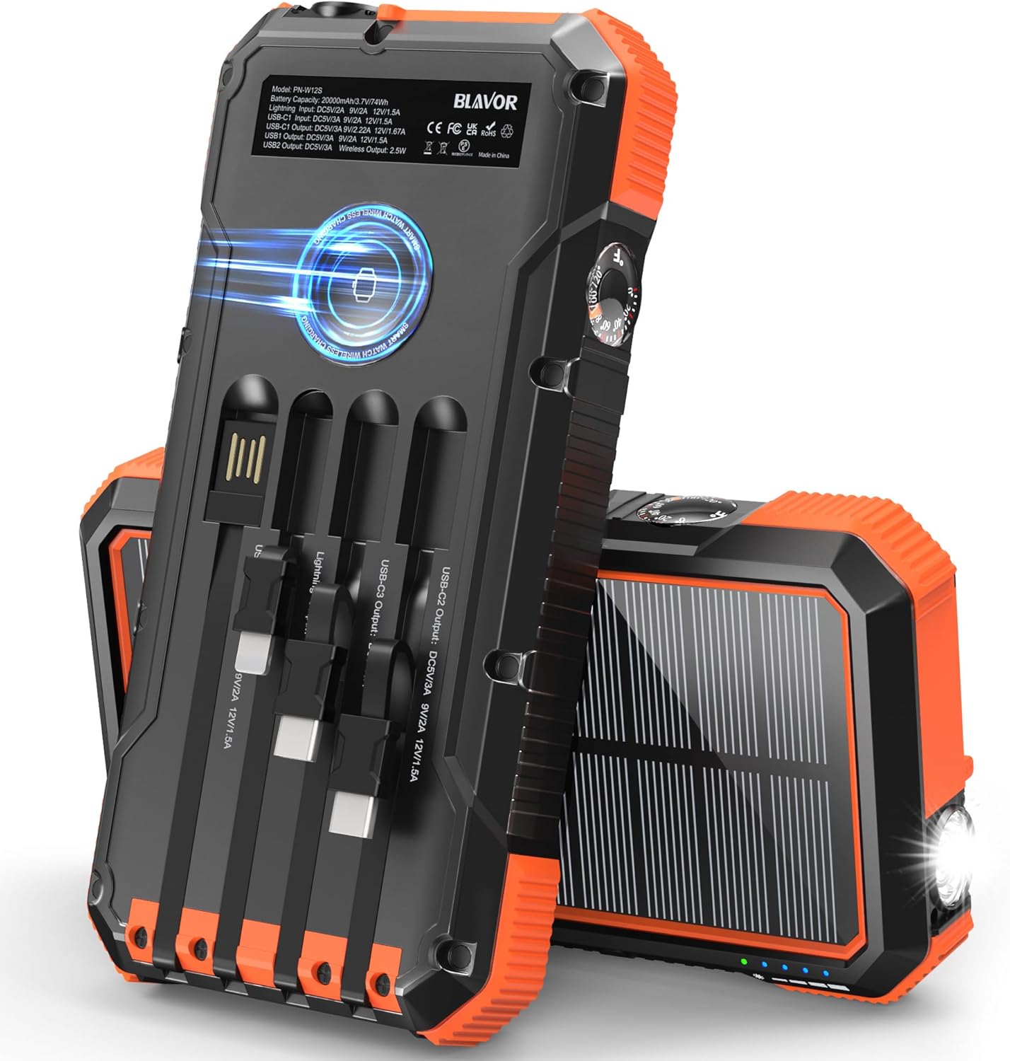 BLAVOR Photo voltaic Energy Financial institution 20000mAh Inbuilt 4 Cables, 20W Quick Charging Transportable Charger with Wi-fi Charger for Apple Watch, Tremendous Vivid Flashlight, Appropriate with all Telephones and Digital Units