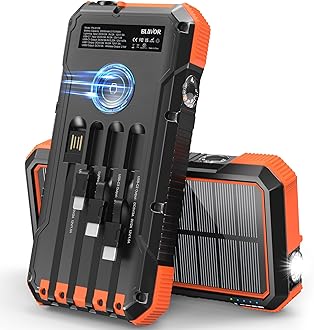 Solar Power Bank 20000mAh Built in 4 Cables, 20W Fast Charging Portable Charger with Wireless Charger for Apple Watch, Super Bright Flashlight, Compatible with all Phones and Electronic Devices