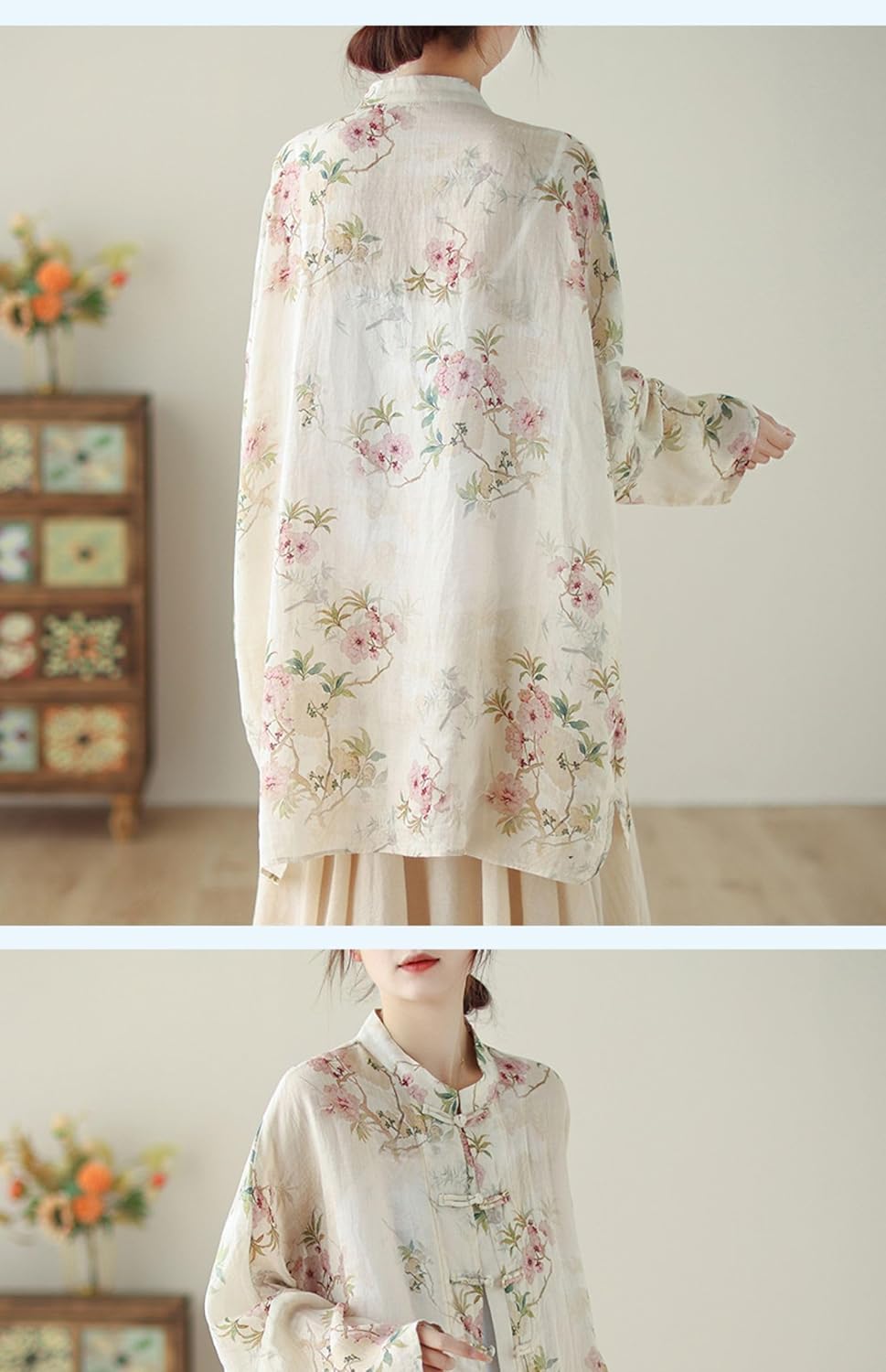 Spring Autumn Frog Button Mid-Length Hanfu Shirt for Women, Loose Tang Suit Top Vibrant Tai-chi Blouse