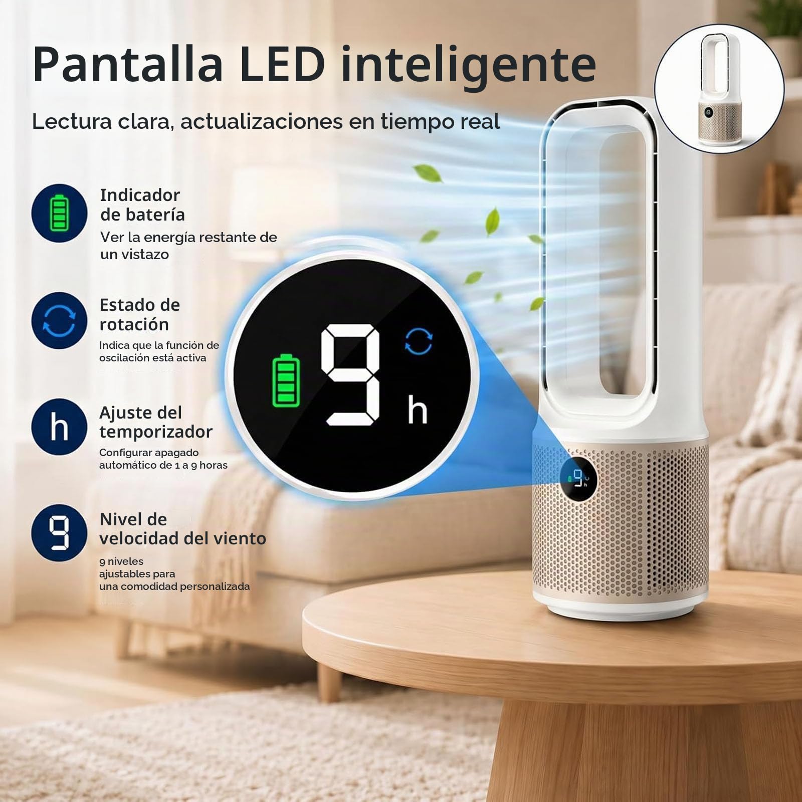 VOMI Ventilador de mesa sin rotor con batería 4000mAh silencioso | Sin aspas, oscilación de 60°, 9 velocidades, luz nocturna, temporizador de 9 horas, para dormitorio, oficina y escritorio