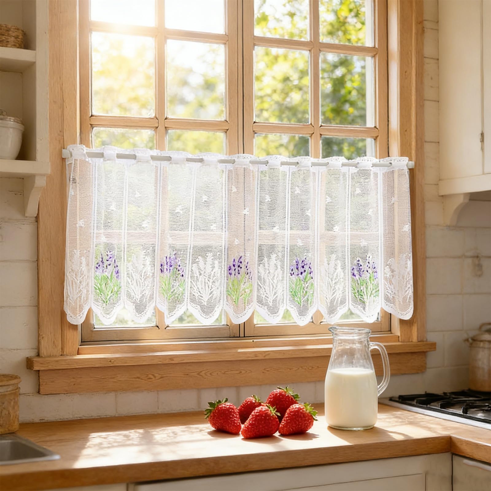 Cafe Curtains, Kitchen Curtains for Windows, Elegant Lace Cafe Net Curtains, Breathable Light Filtering Kitchen Curtains, Vintage Rod Pocket Cafe Curtain for Kitchen, Bathroom, Room Window Decoration