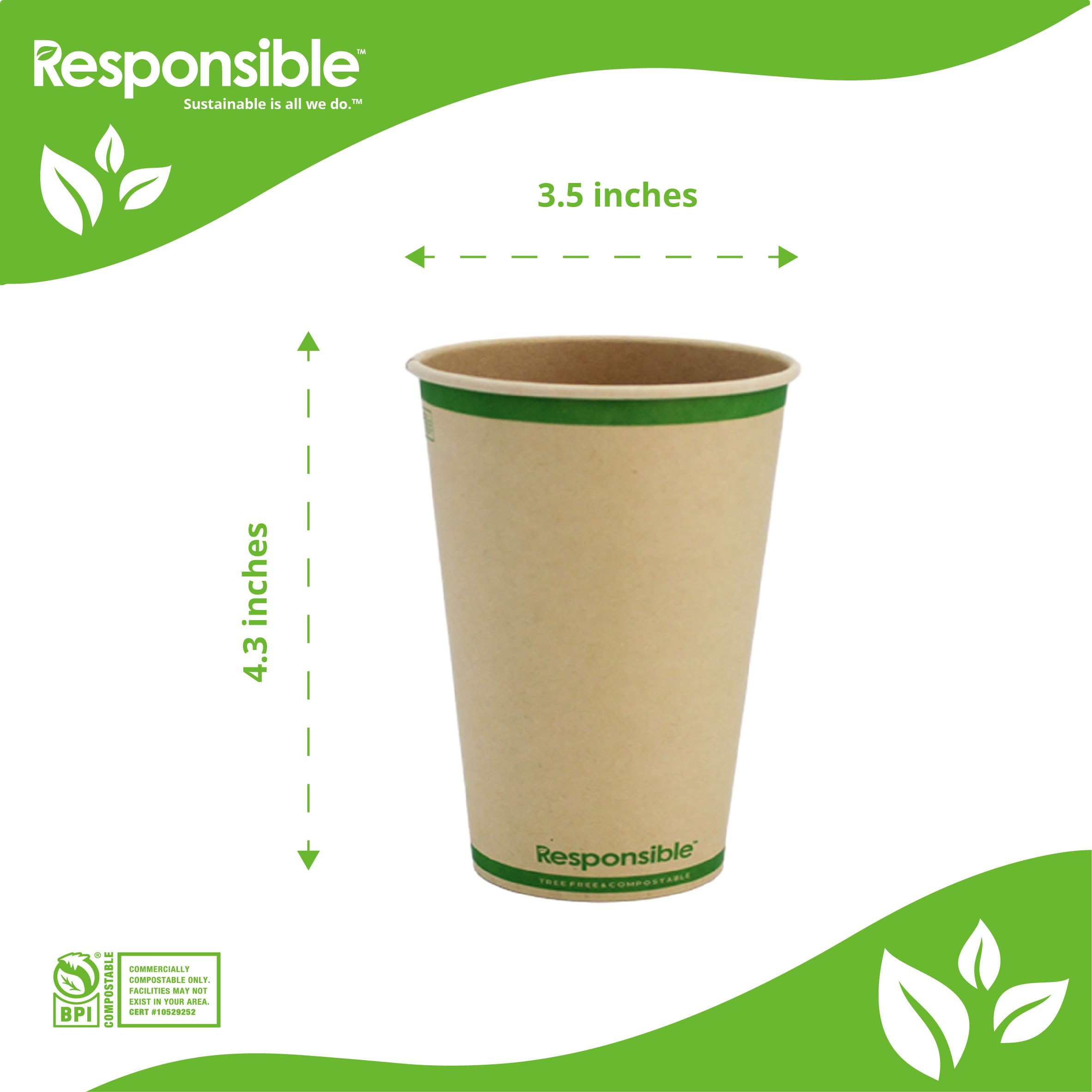 Responsible Products Vasos de papel compostables certificados de 12 onzas, tazas de café frío y caliente, vasos de papel desechables, vasos desechables extra resistentes, fabricados sin PFAS (50