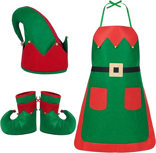Yookat Disfraz de elfo para mujer, disfraz de elfo de Navidad, sombrero de elfo, zapatos, delantal, disfraz de elfo de Navidad para mujer, Navidad