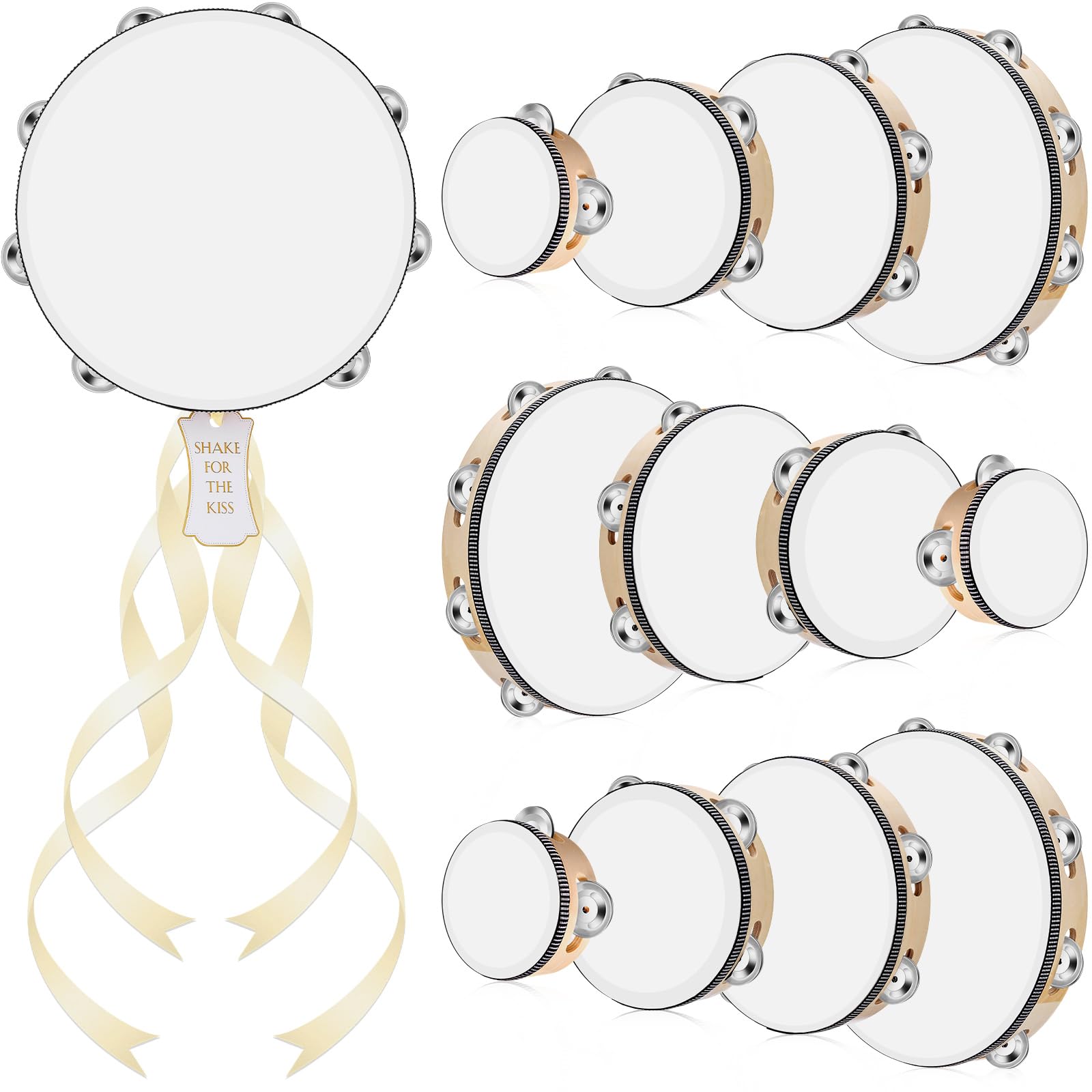 Tamburin für Erwachsene, 10 + 15 + 20 + 25,4 cm, 12 Stück, Holztrommel mit Metallschellen, Geschenkanhänger, beigefarbenes Band, Percussion-Geschenk, Musikinstrument für Kirche, Hochzeit, Party