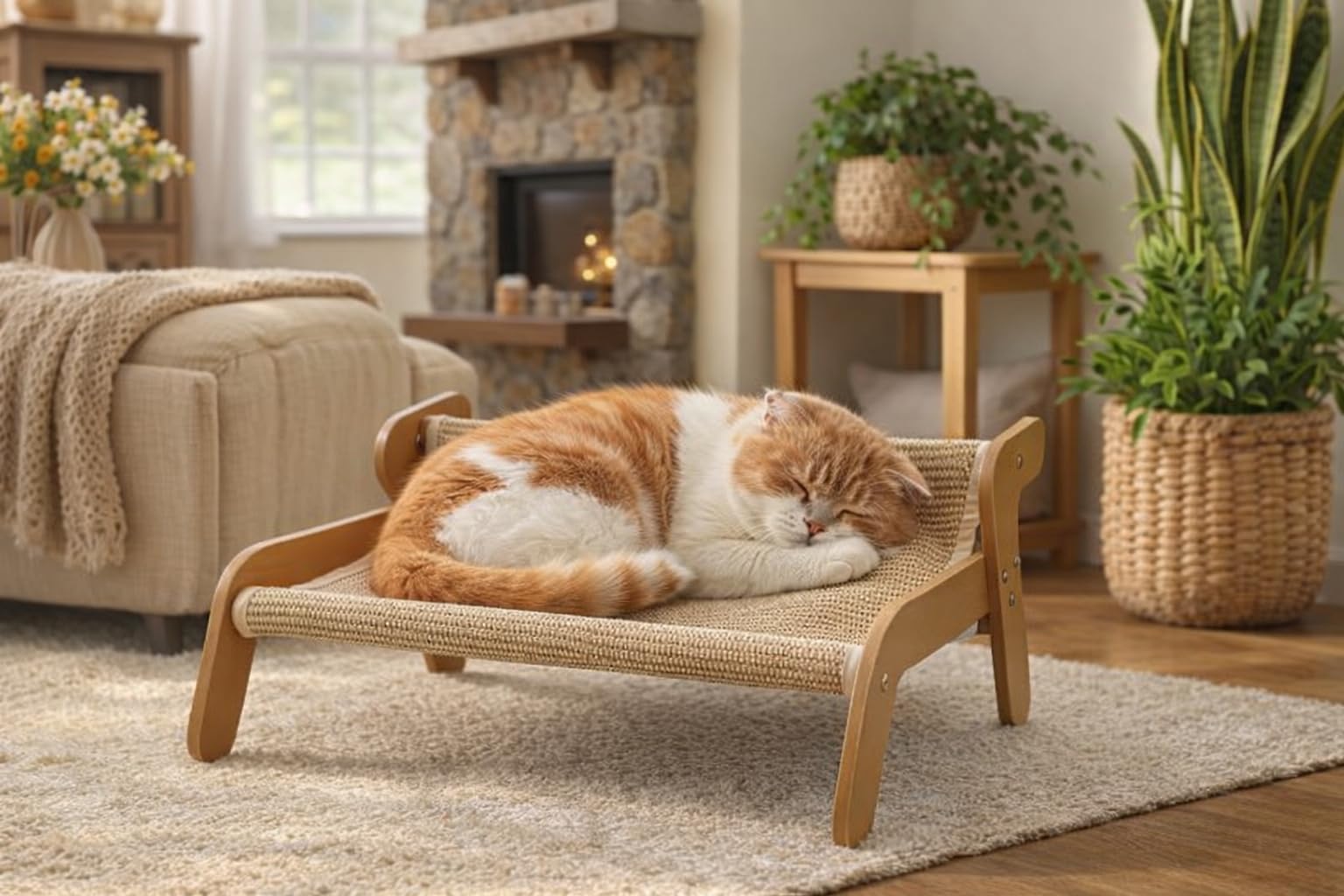 Amaca Gatti e Tiragraffi 2 in 1 in Legno e Sisal Naturale Rilassante – Divano e Lettino per Gatti Sospeso, Robusto e Antigraffio – Lettino Design 54x44cm - Montaggio Facile