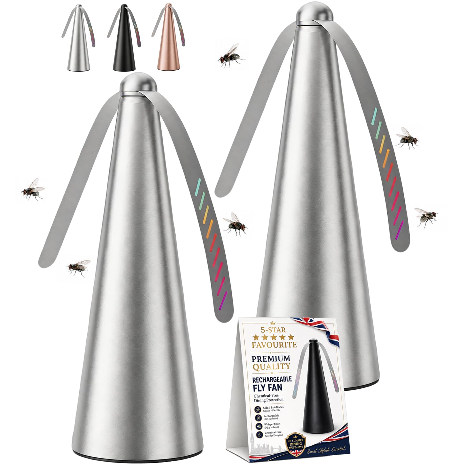 ZHENWO USB Rechargeable Fly Repellent Fan, Fly Deterrent for Table, Double Side Soft Holographic Blades, Portable Effective Fly Repellents Fan for Indoor & Outdoor Picnic, Party Use (Silver-2PCS)