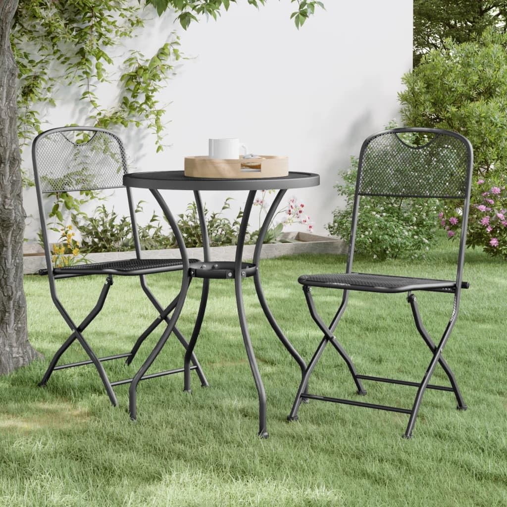 Chaises de jardin pliantes anthracite en maille métallique pour petite terrasse