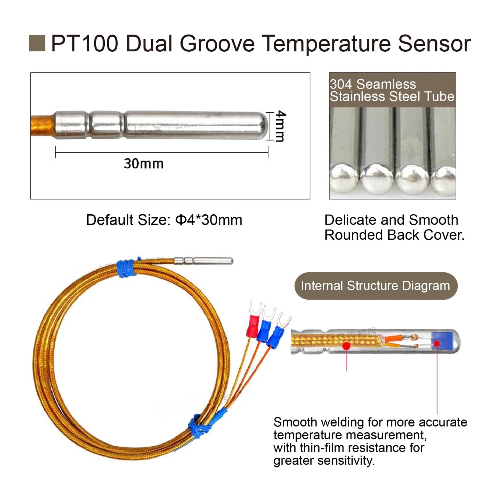 WAPT-035-GK-PT100 Sensor de temperatura Sonda RTD Acero inoxidable resistente al agua -50-350C Cable trenzado industrial de 4x30 mm | A-4m